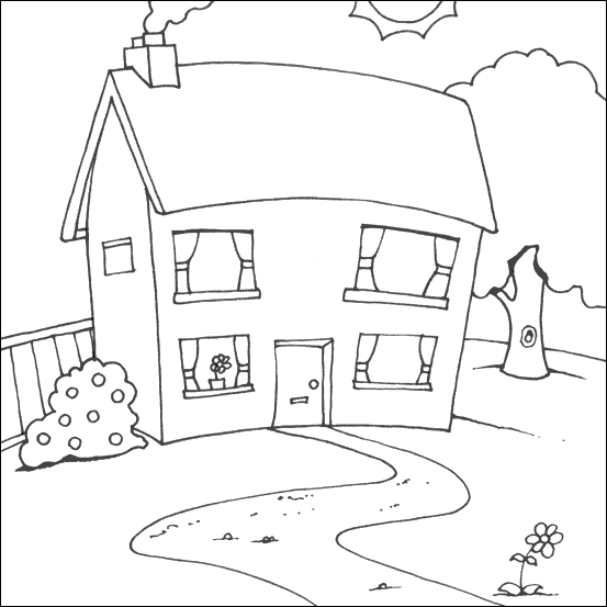 Coloriage d'une maison entourée d'arbres et de nuages