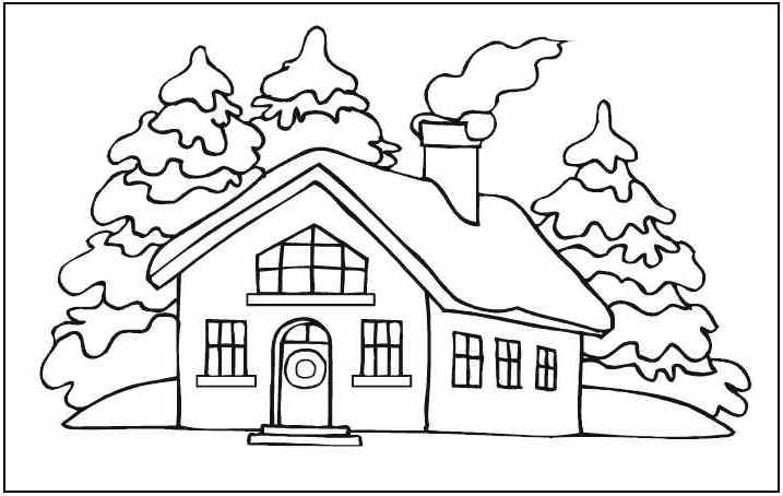 Coloriage d'une maison entourée d'arbres et de fleurs