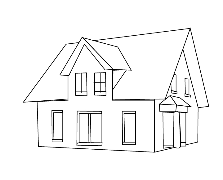 Coloriage d'une maison traditionnelle avec jardin et arbres