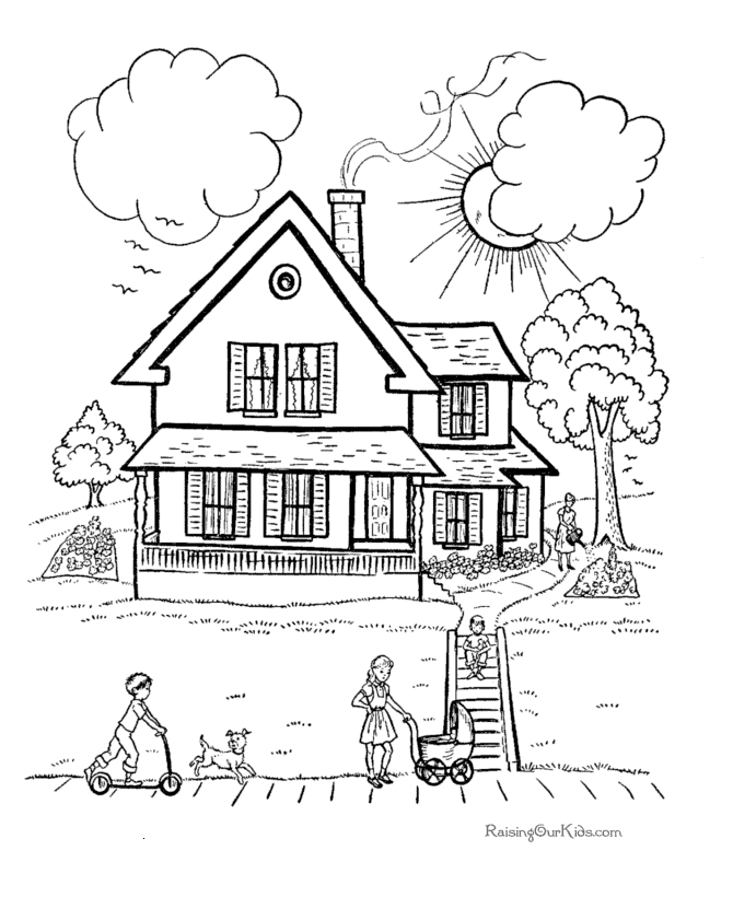 Coloriage d'une maison au style traditionnel avec jardin