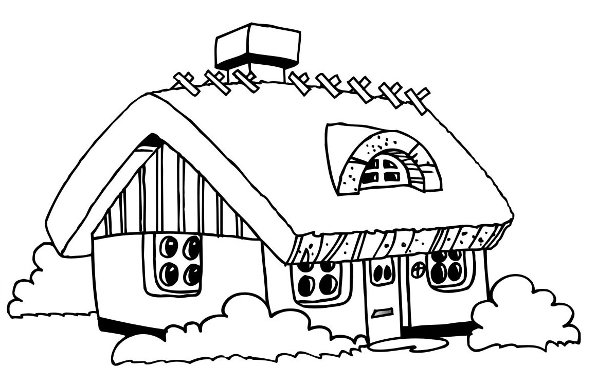 Coloriage d'une maison originale avec jardin et arbre