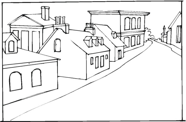 Un coloriage de maison entourée de verdure et d'arbres