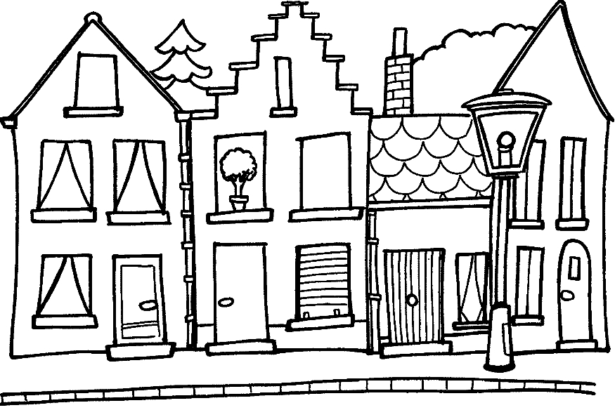 Coloriage d'une maison traditionnelle entourée d'arbres et de fleurs