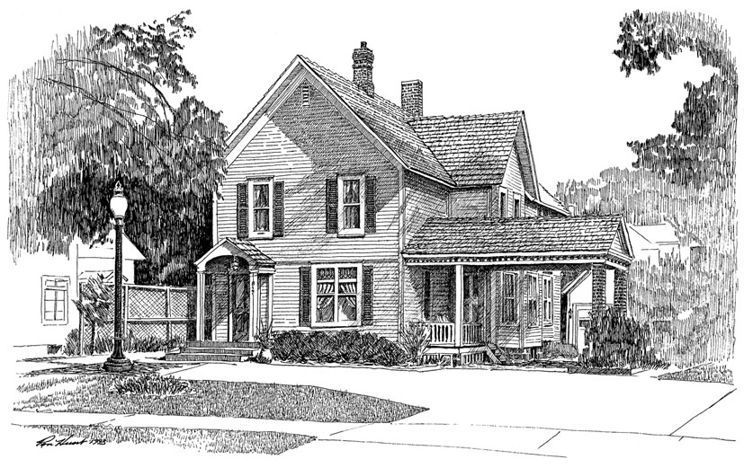 Coloriage d'une maison entourée d'arbres et de fleurs