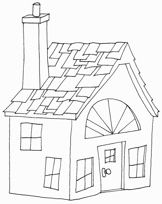 Coloriage d'une maison traditionnelle entourée d'arbres et de fleurs