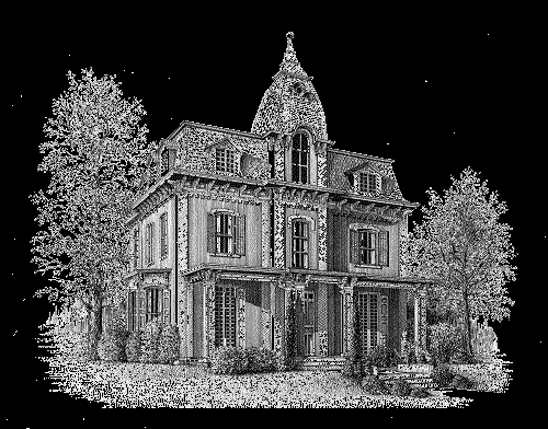 Coloriage d'une maison traditionnelle entourée de verdure