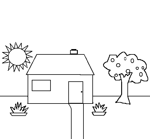 Coloriage d'une maison avec jardin et arbres