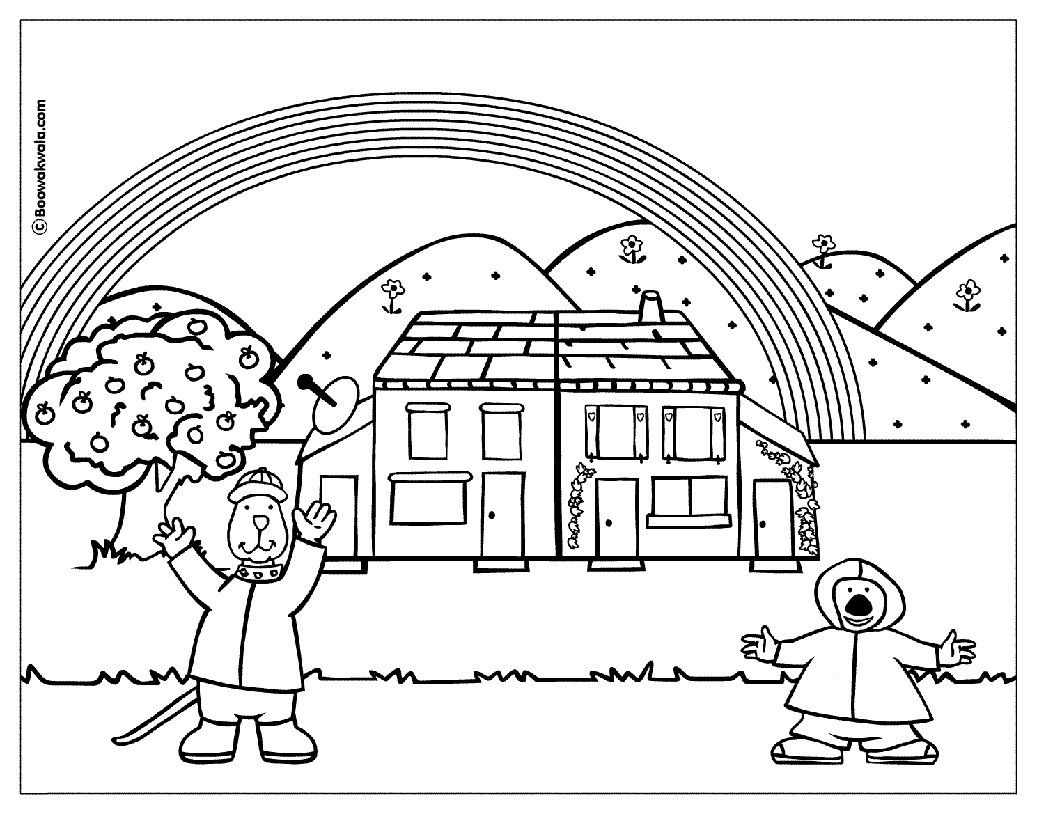 Coloriage d'une maison entourée d'arbres et de fleurs