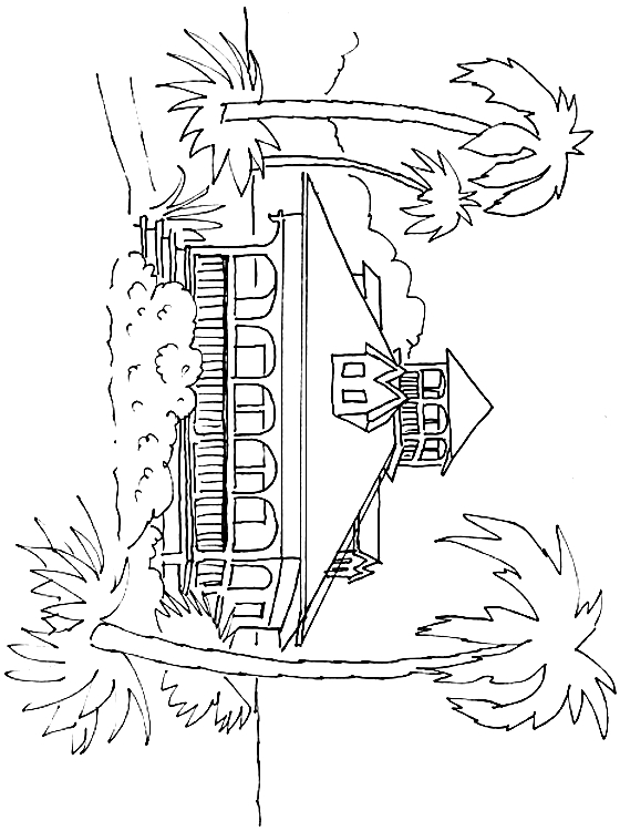 Coloriage d'une maison entourée d'arbres et de fleurs