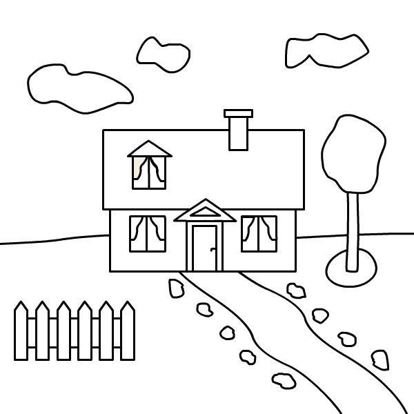 Coloriage d'une maison avec jardin et ciel nuageux