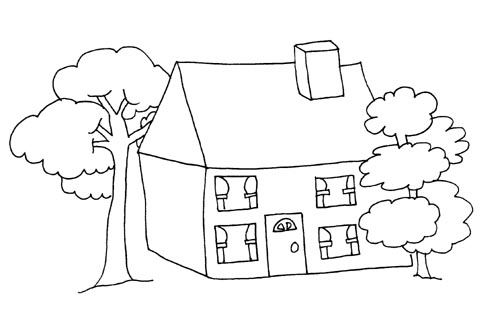 Coloriage d'une maison avec jardin et arbres