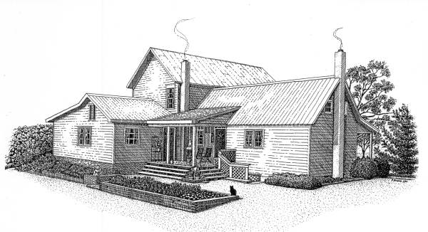 Coloriage d'une maison entourée d'arbres et de fleurs