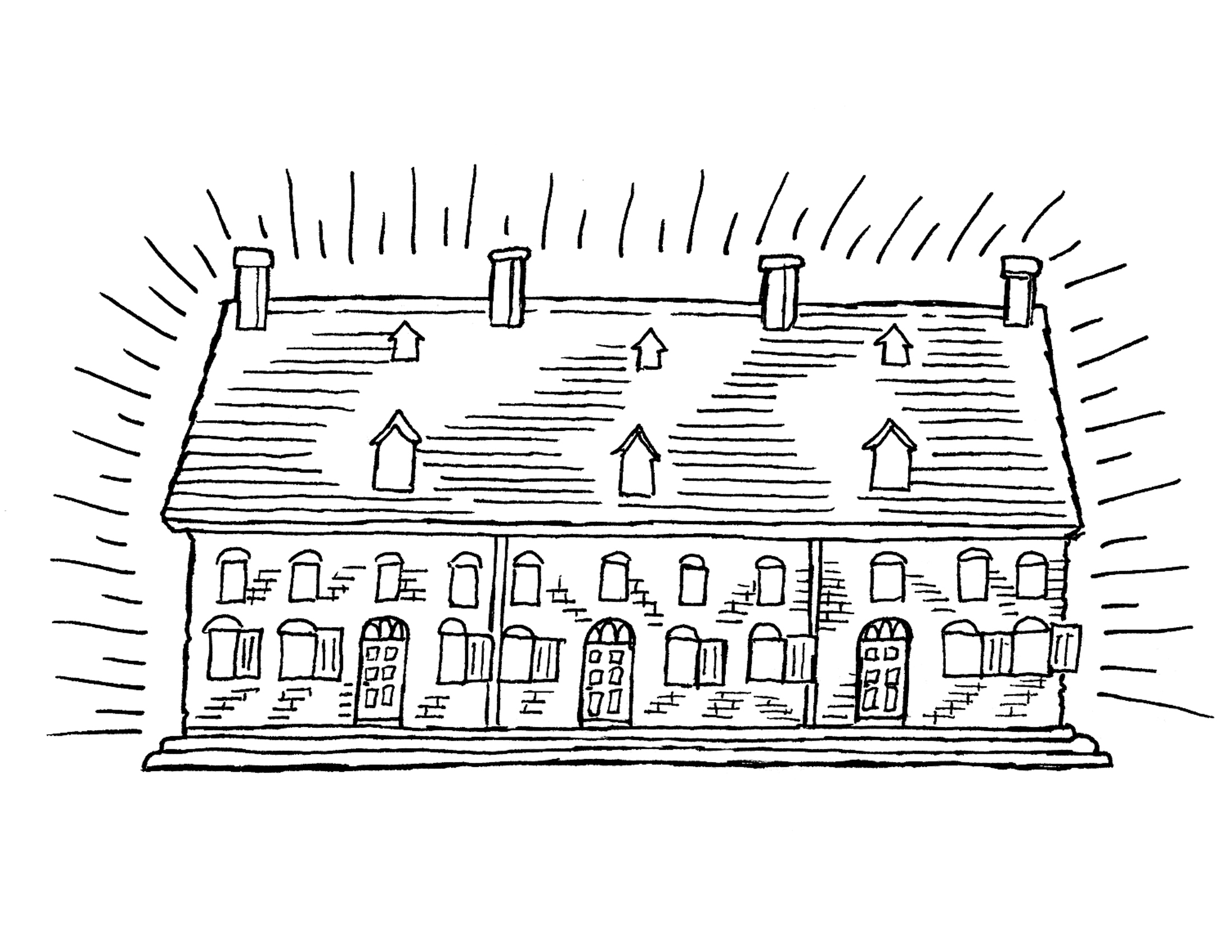 Coloriage d'une maison entourée d'un jardin et d'un ciel ensoleillé