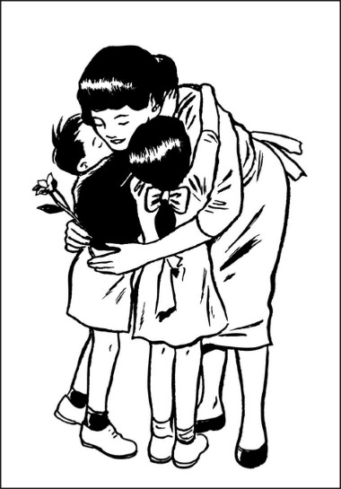 Coloriage d'une maman entourée de ses enfants dans un cadre chaleureux