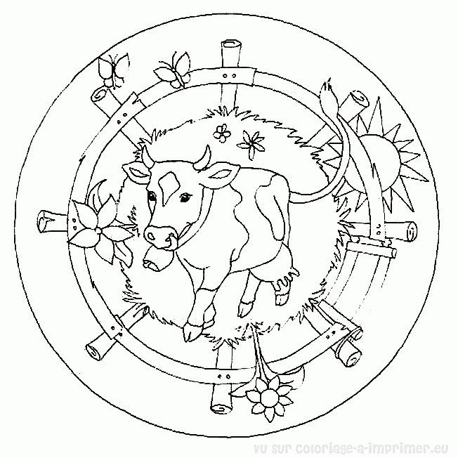 Coloriage d'un mandala animalier avec motifs floraux Coloriage d'un mandala animalier avec motifs floraux