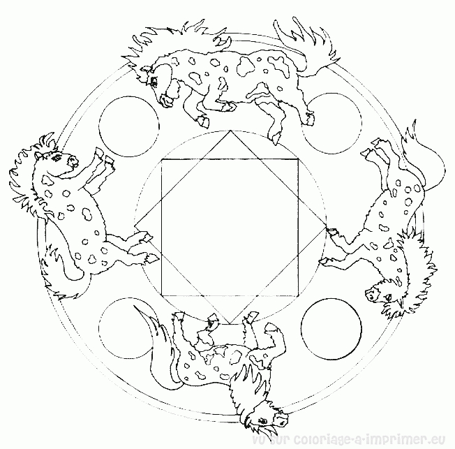 Coloriage d'un mandala représentant des animaux stylisés en harmonie Coloriage d'un mandala représentant des animaux stylisés en harmonie