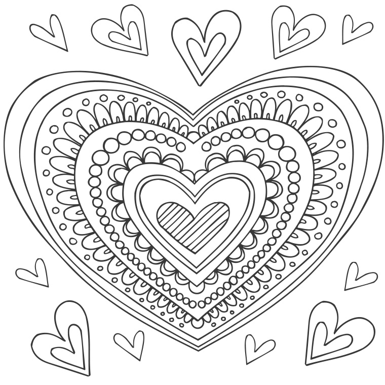 Coloriage d'un mandala en forme de cœur avec motifs floraux