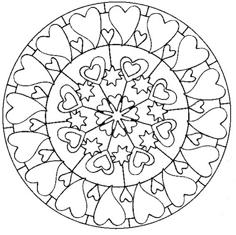 Coloriage de mandalas en forme de cœur avec motifs géométriques