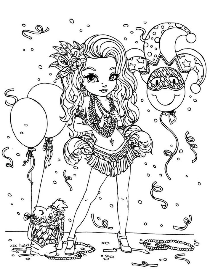 Un coloriage de Mardi Gras avec un masque, des plumes et des confettis