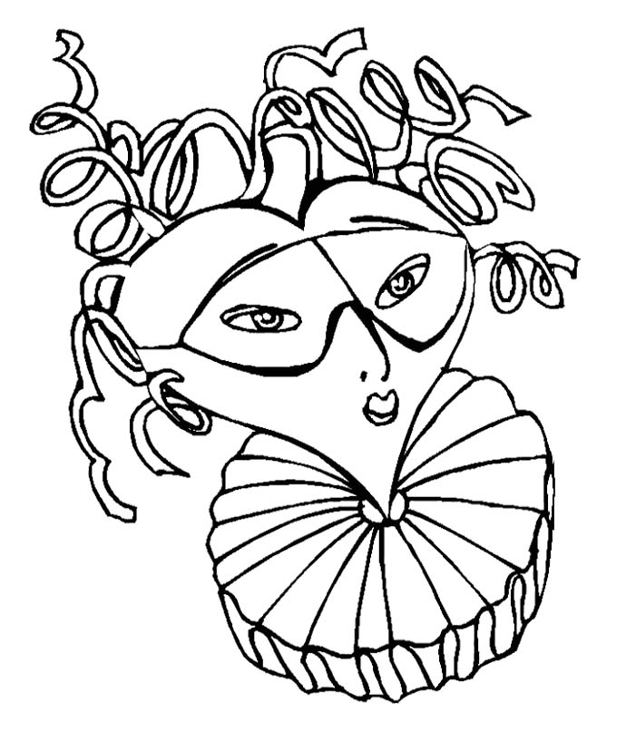 Coloriage de Mardi Gras avec un masque et des plumes