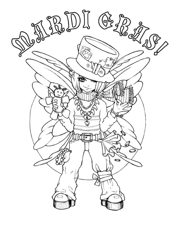 Coloriage représentant un carnaval avec un personnage masqué et des éléments festifs