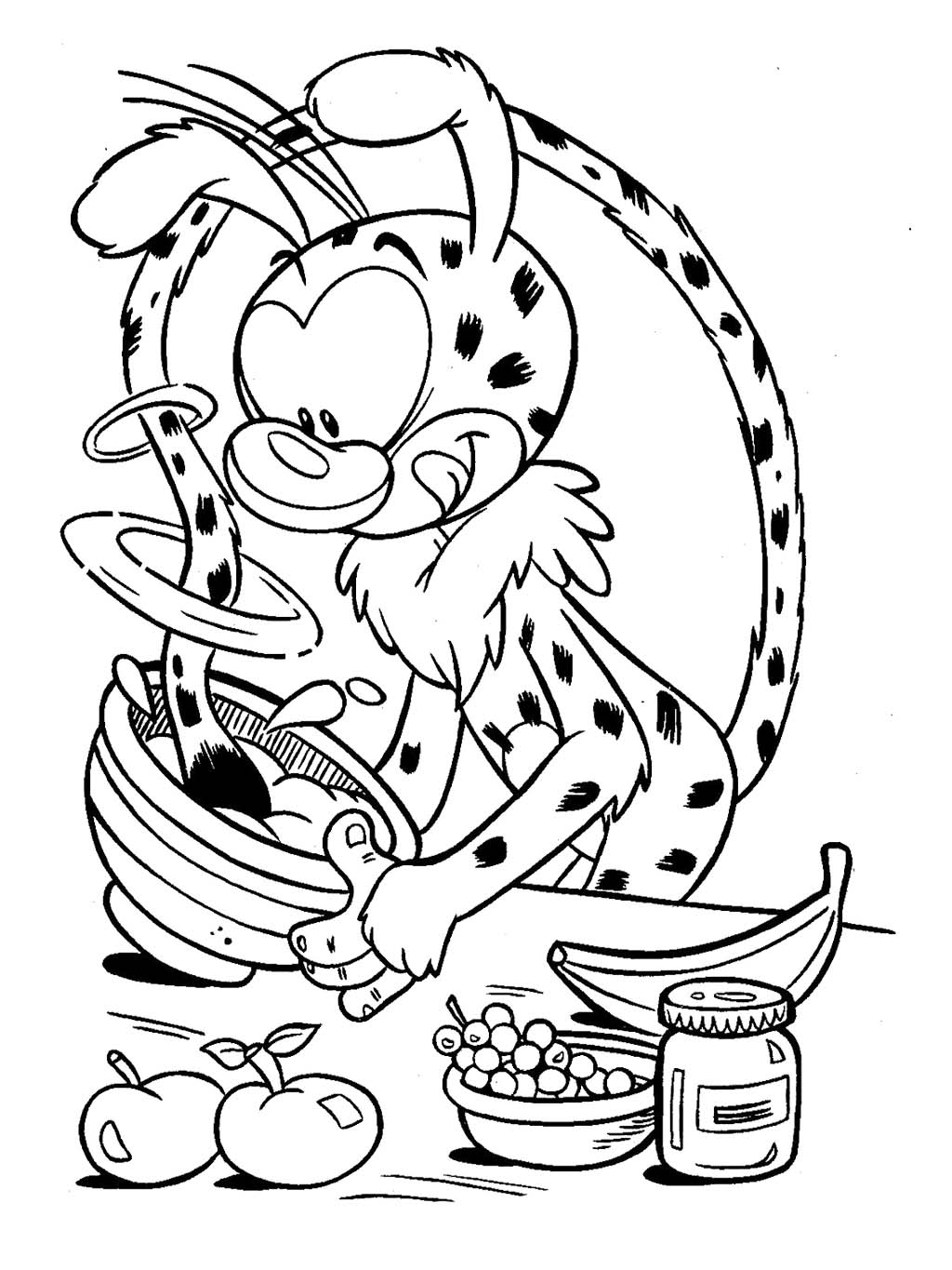 Le marsupilami dans une posture dynamique au cœur de la jungle