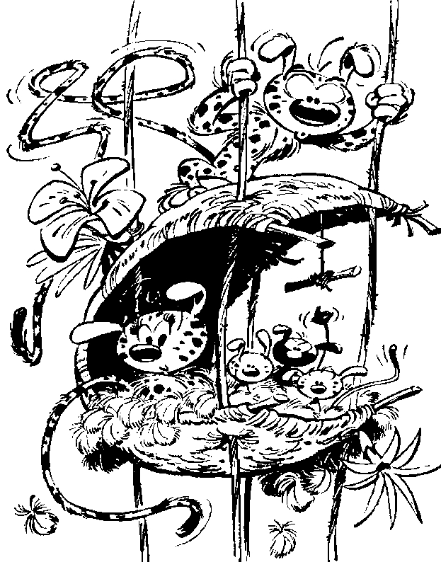Un marsupilami grimpe dans la jungle luxuriante