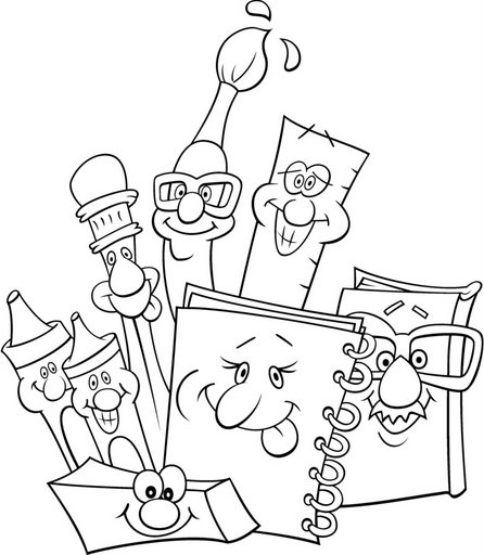 Coloriage de fournitures scolaires sur un bureau