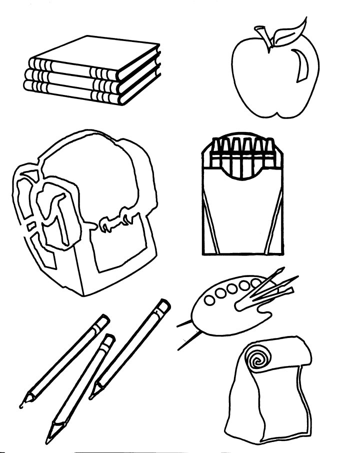 Coloriage de matériel scolaire avec divers fournitures sur une table