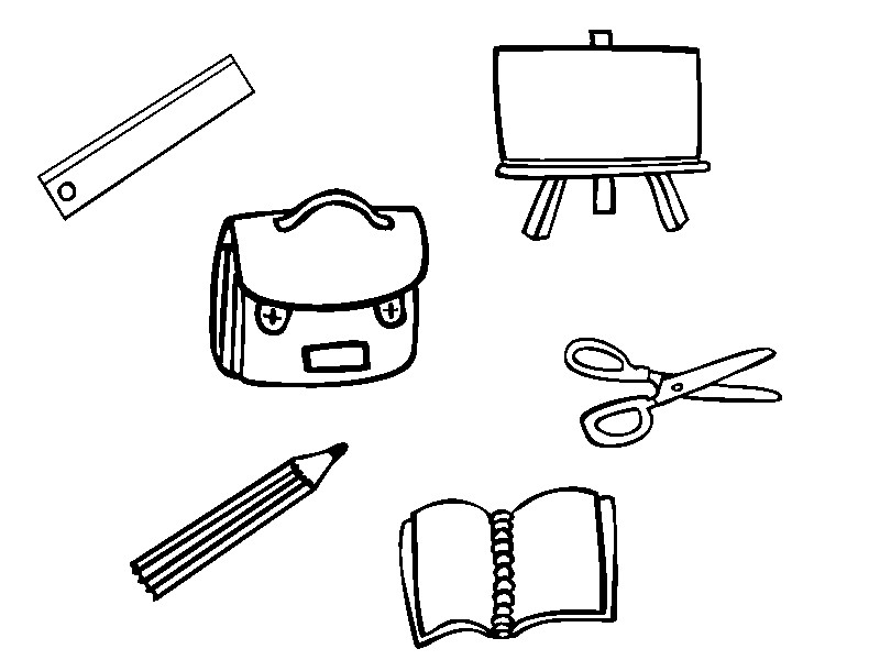 Coloriage de matériel scolaire avec divers objets sur une table