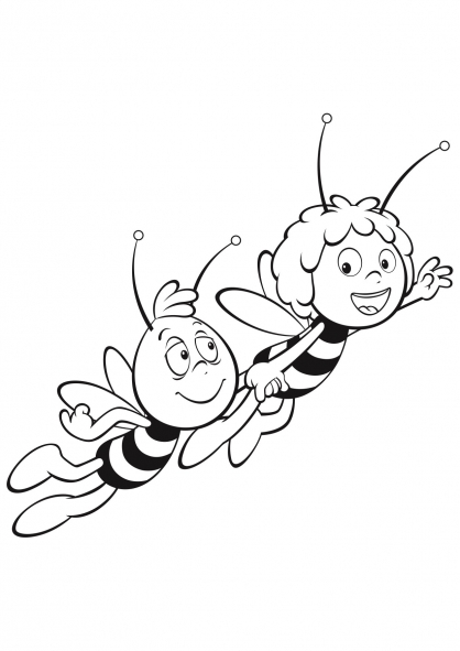 Maya l'abeille en train de voler au-dessus d'un champ de fleurs