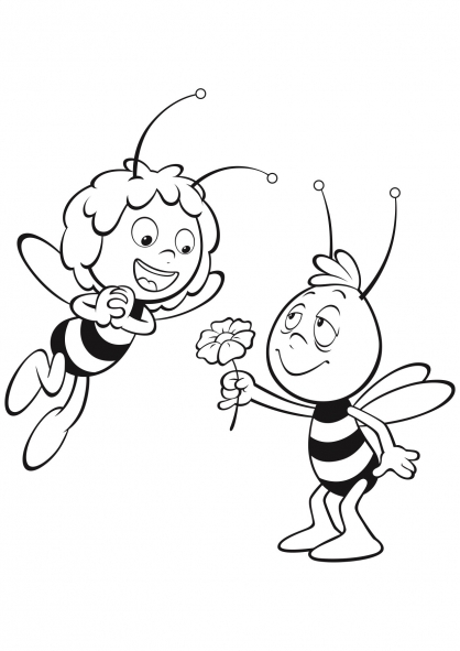 Maya l'abeille en plein vol au-dessus des fleurs
