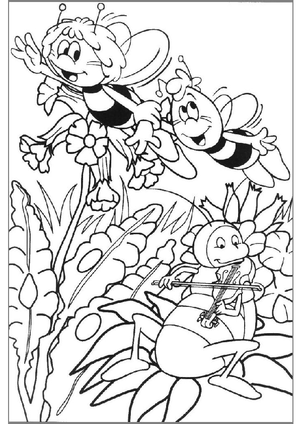 Maya l'abeille en pleine exploration dans un jardin fleuri