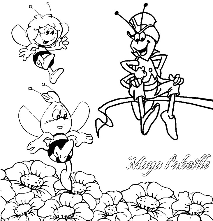 Maya l'abeille se pose sur une fleur colorée dans un jardin animé