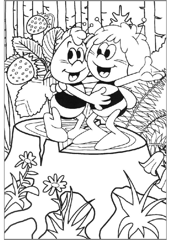 Maya l'abeille en pleine exploration dans un jardin fleuri