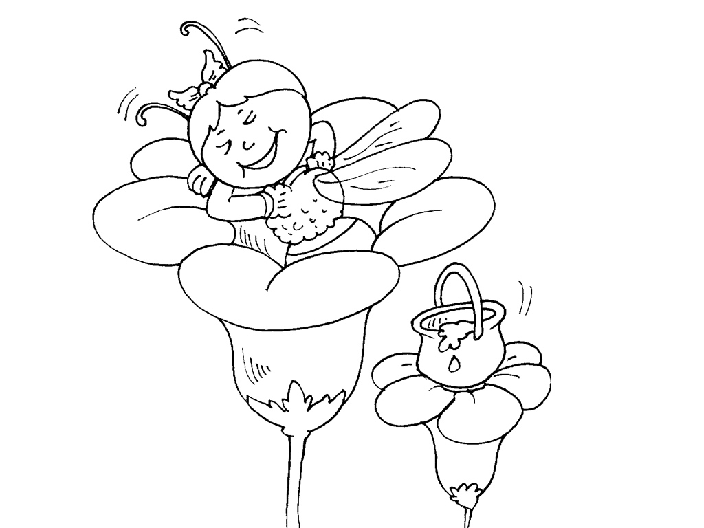 Maya l'abeille en train de voler parmi les fleurs