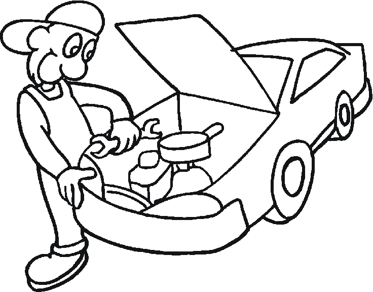 Coloriage d'un mécanicien travaillant sur une voiture