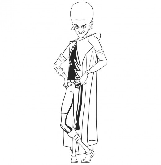 Coloriage de Megamind en pleine action dans un décor urbain