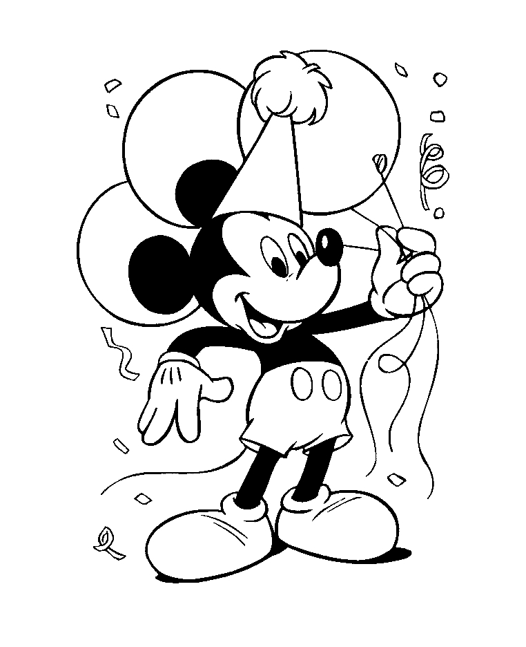 Mickey Mouse souriant avec des ballons sous un ciel ensoleillé