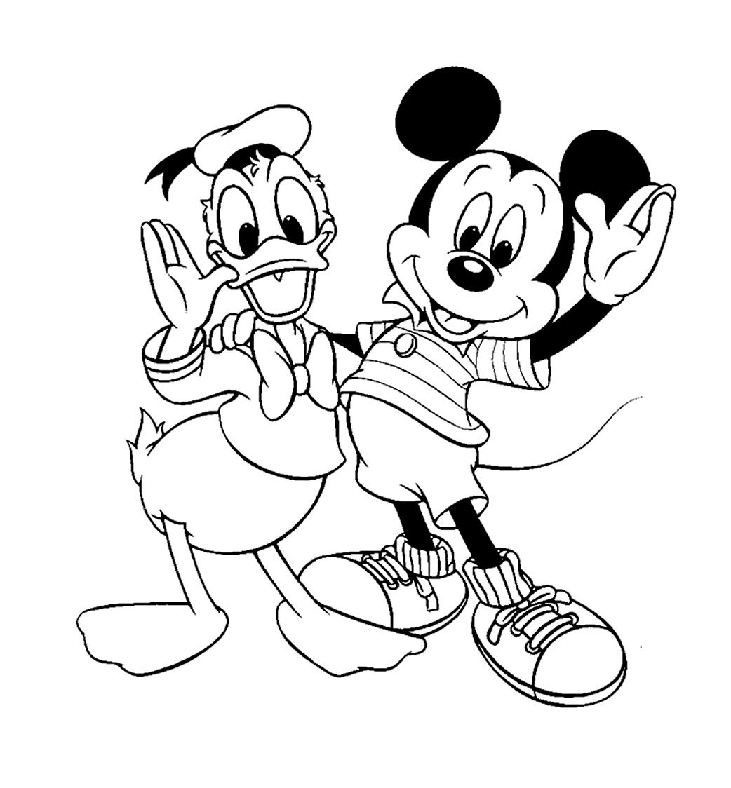 Coloriage de Mickey Mouse en pleine action sur fond de parc d'attractions