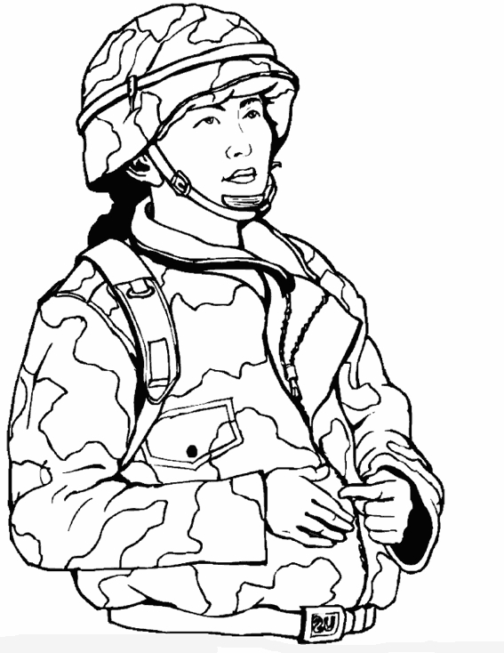 Coloriage d’un soldat militaire en action dans un paysage désertique