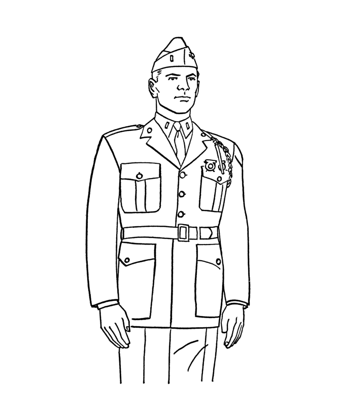 Coloriage d'un soldat en mission dans un décor militaire