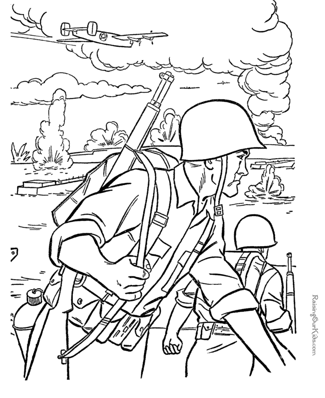 Coloriage d'un soldat militaire en action dans un décor de nature
