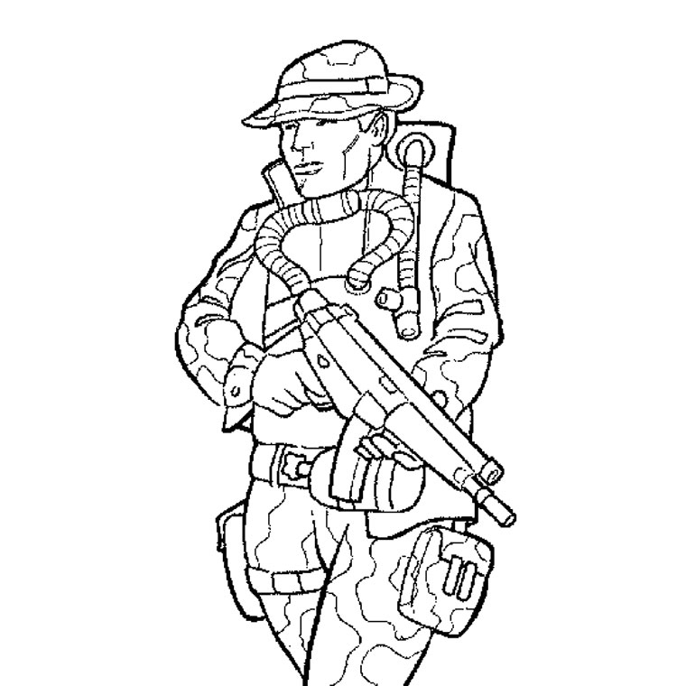 Coloriage d'un soldat en mission dans un paysage militaire