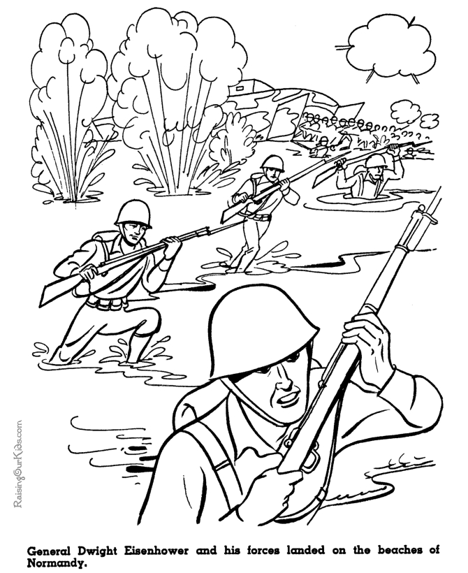 Coloriage d'un soldat en action dans un décor militaire