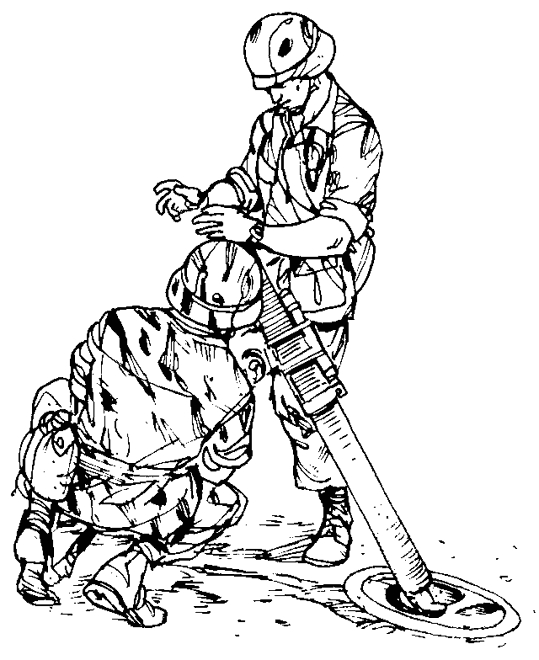 Coloriage d'un soldat en action dans un paysage militaire