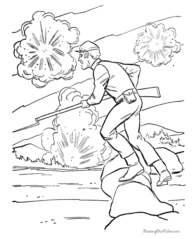 Coloriage d'un soldat en mission avec un véhicule militaire en arrière-plan