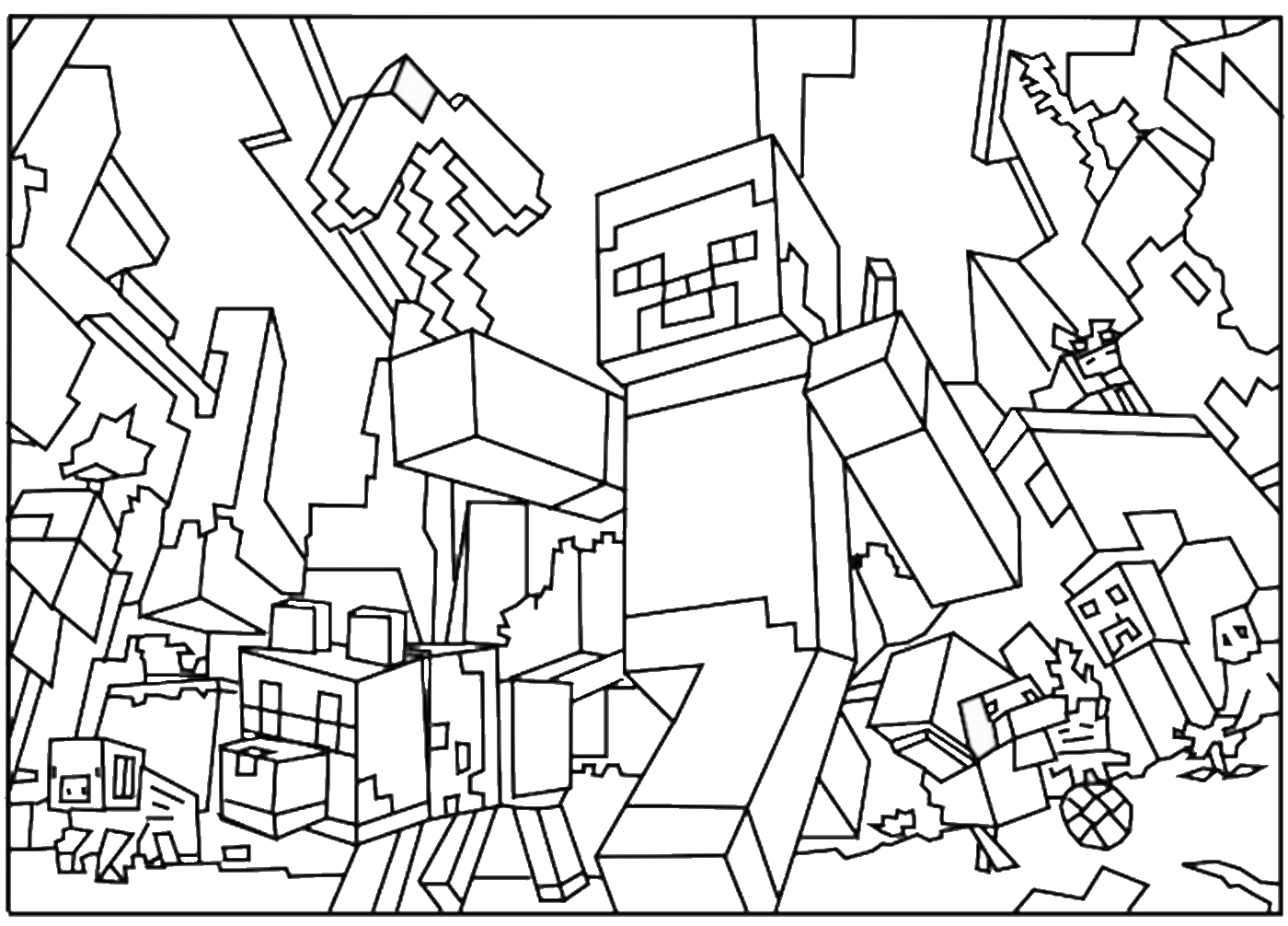 Personnages de Minecraft explorant un paysage cubique