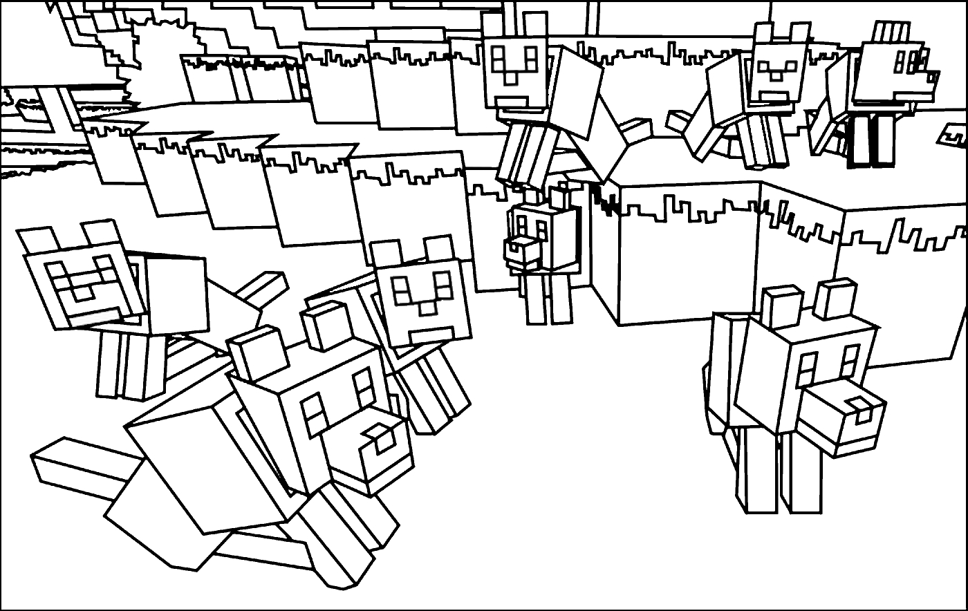 Coloriage de personnages de Minecraft dans un paysage pixelisé
