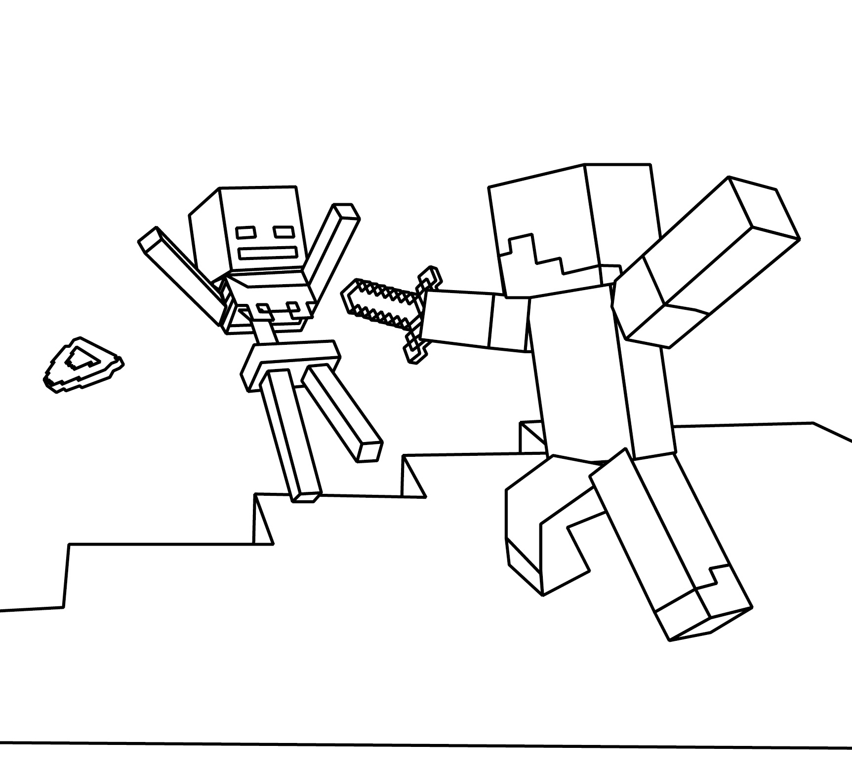 Coloriage de personnages de Minecraft en pleine exploration d'un monde cubique